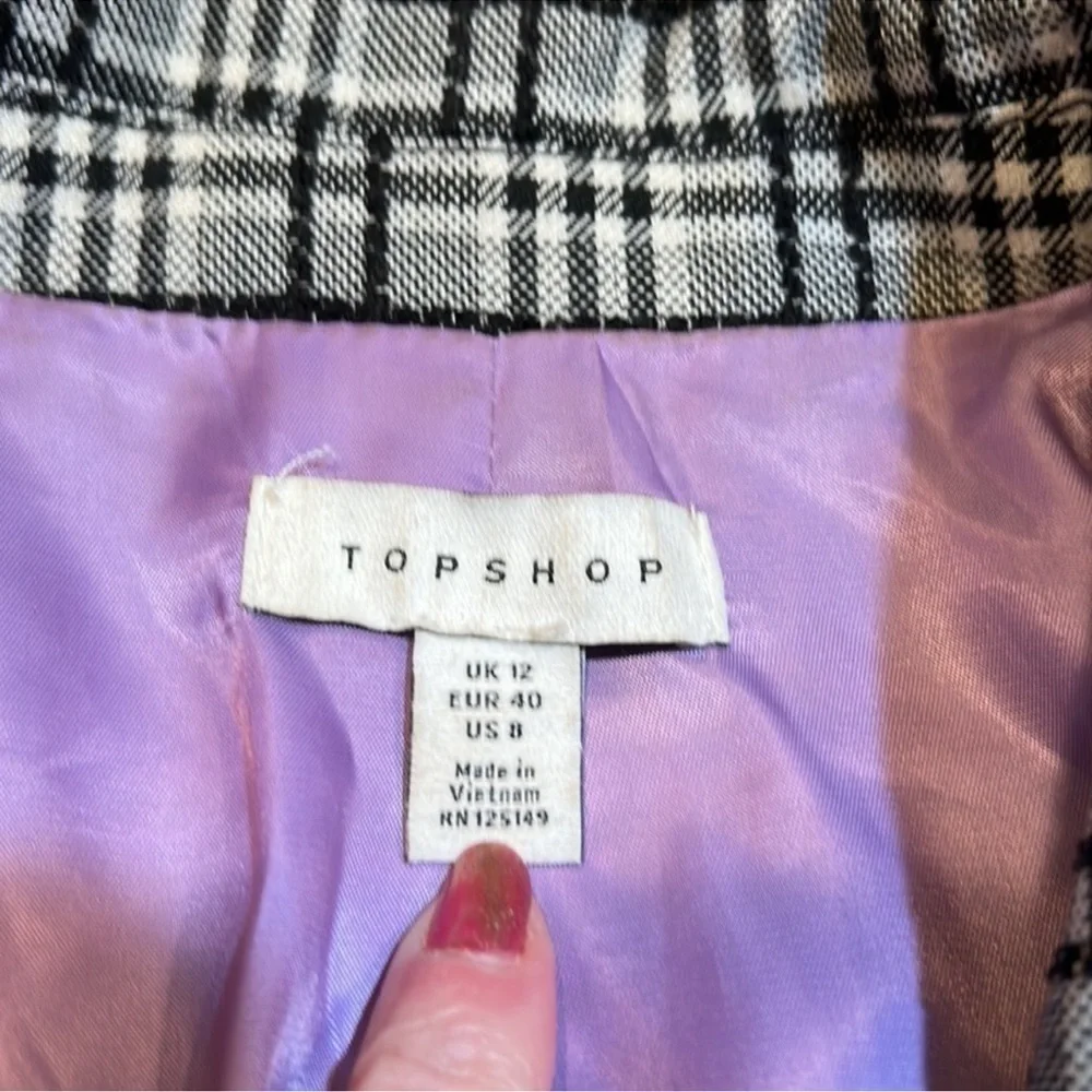 TOPSHOP Fabulous Vintage Black & White Plaid Double-Breasted Blazer Size 8 - Picture 8 of 9